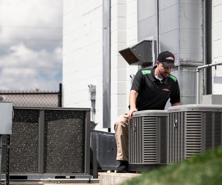 Man outside doing HVAC service and air duct cleaning

SERV1444 Three Year usage. Limited to Internal use at corporate on digital, social and website, with three yea print usage beginning 10/1/2021