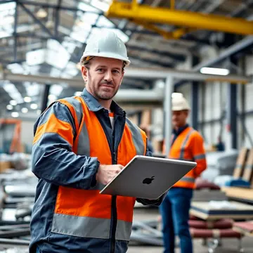 Industrial worker wearing a hard hat and high-visibility vest using a tablet inside a manufacturing facility